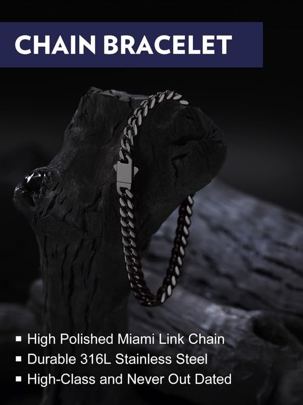 Bandmax 5MM Wide Black Cuban Chain Bracelet for Men Women Father's Day Gift for Son Dad Husband Stainless Steel Hip Hop Biker Wristlet Anklet Chain Jewelry