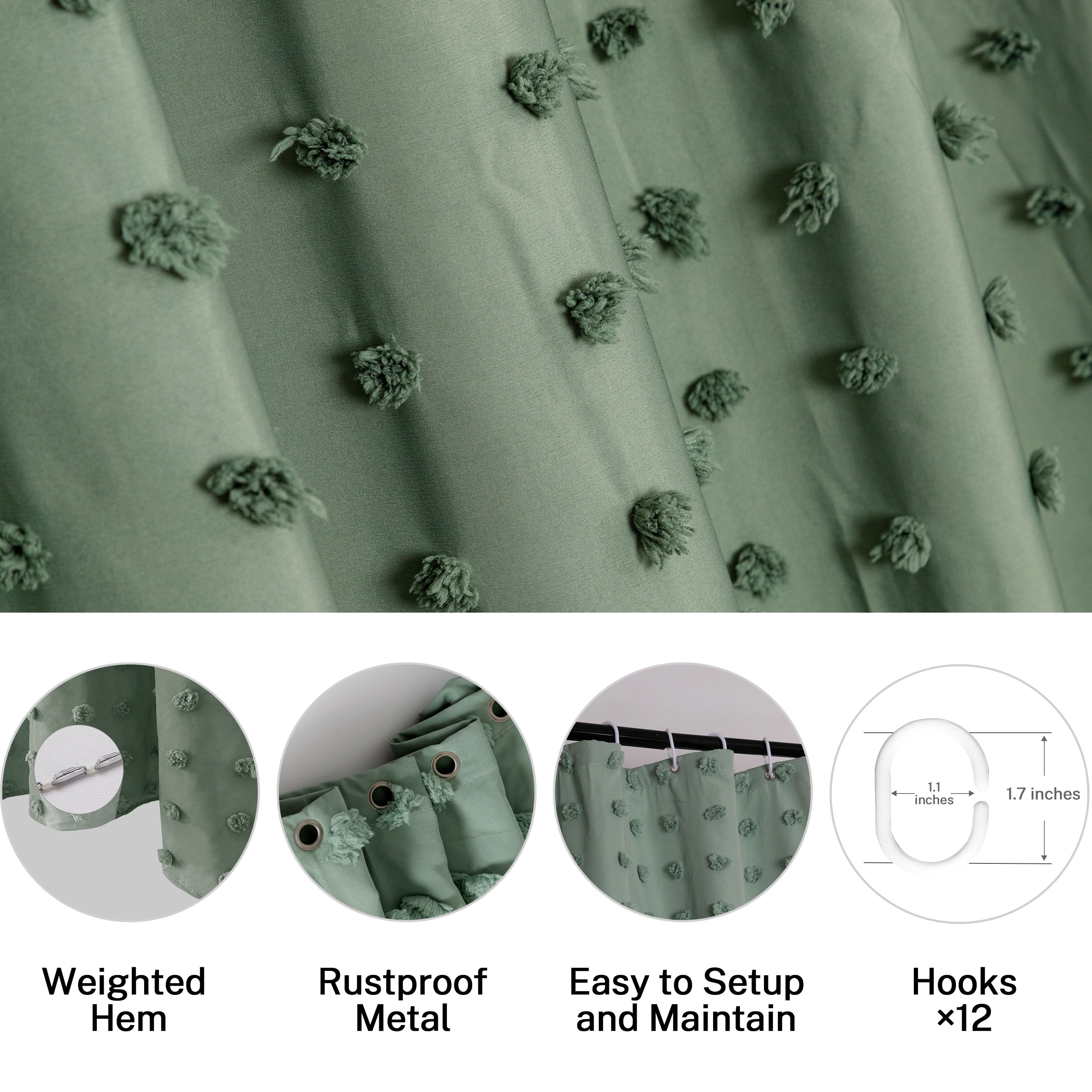 Siiluminisoy Dark Green Boho Farmhouse Shower Curtain for bathroom, 72 x 72 Tufted Pleat Floral Puffs Textured Modern Minimalist Shower Curtain Set with Hooks