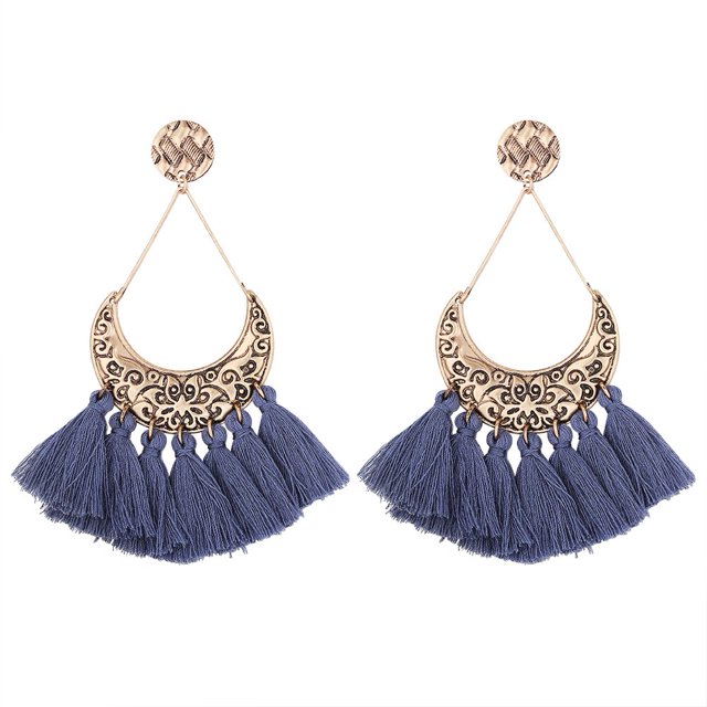 Pendientes con diseño de luna retro y borlas largas de estilo étnico azul Sin