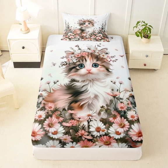 Manfei Cute Cat Twin Fitted Sheet, Cartoon Kitten Animal Bedding, Pink White, 2-Piece, 1 Fitted Sheet and 1 Pillowcase