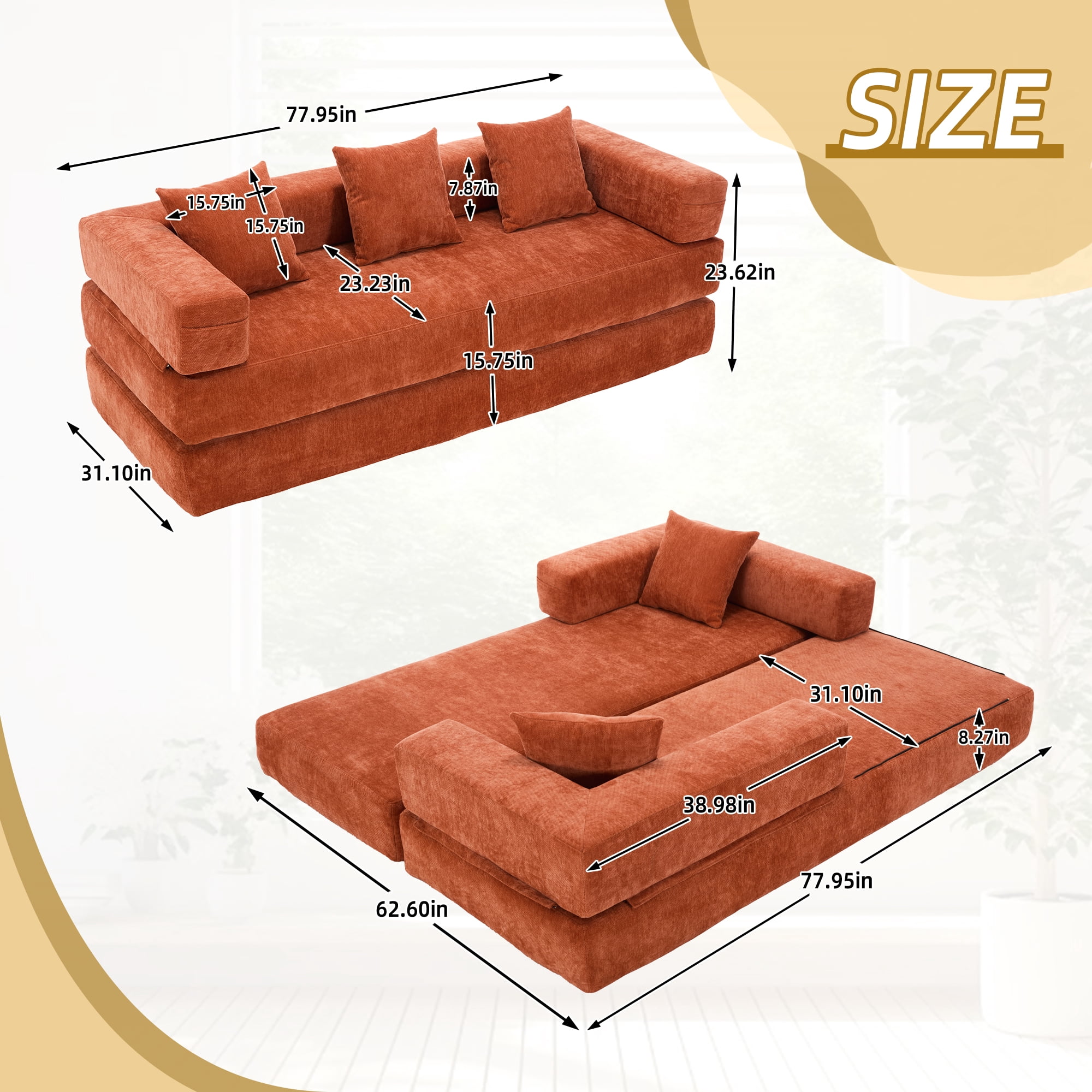 MOONMISS Chenille Upholstered Convertible Foldable Memory Foam Sleeper Sofa with Pillows for Living Room-Orange