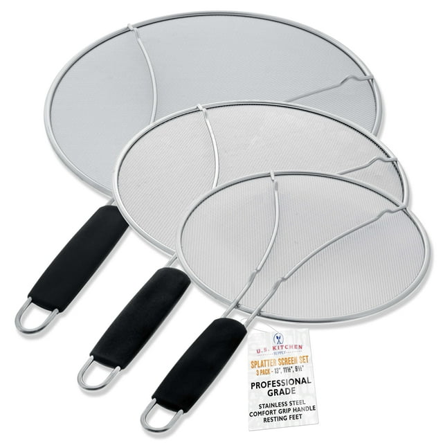U.S. Kitchen Supply - Pantalla Contra Salpicaduras De Malla Fina De Acero Inoxidable De 13", 11,5" Y 9,5" Con Patas De Apoyo, Asas De Agarre Cómodas, Color Negro, Uso En Ollas Hirviendo, Sartenes, Tap