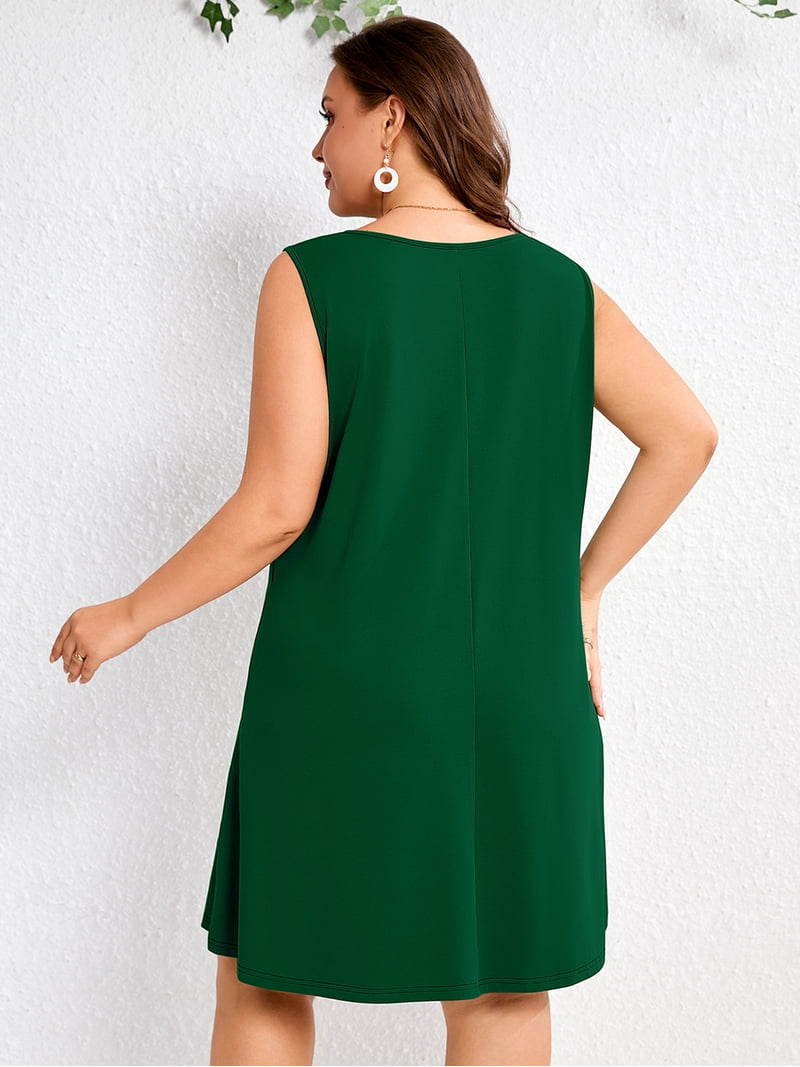 Showmall Women's Plus Size Sleeveless Dress, A-Line Summer Dress with Pockets, Dark Green 1X Keyhole Neck Pleated Casual Shift Dress for Beach Showmall Women's Plus Size Sleeveless Dress, A-Line Summer Dress with Pockets, Dark Green 1X Keyhole Neck Pleated Casual Shift Dress for Beach