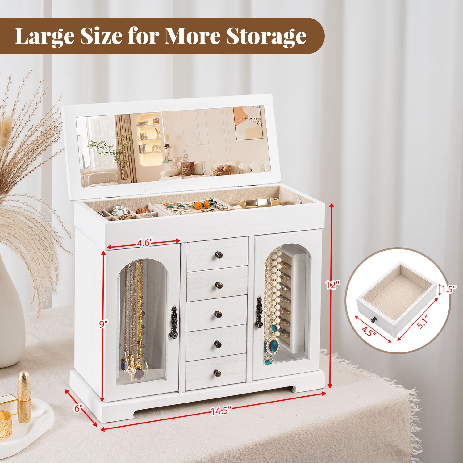 Jewelry Box for Women Girls, Wooden Jewelry Organizer Box with Mirror, 5 Layer Jewelry Storage Case White
