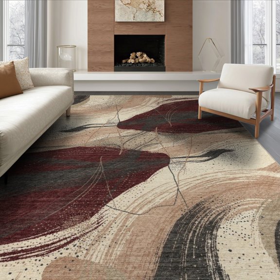 ODIKA 8'x10' Washable Area Rug Non-Slip Chair-Friendly Mat Bathroom Way Painterly Asymmetrical Flowing Forms Scattered Stairs for Dining Room, Large Office, Lounge
