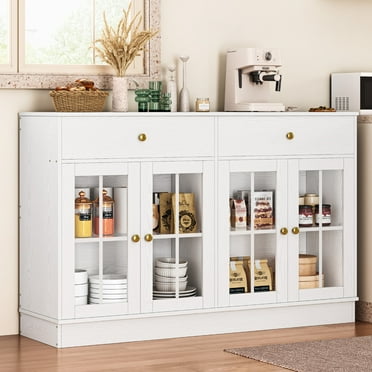 IRONCK Kitchen Storage Cabinet, 55" Sideboard Buffet Cabinet with Glass Doors, Charging Station, Adjustable Shelf and 2 Drawers