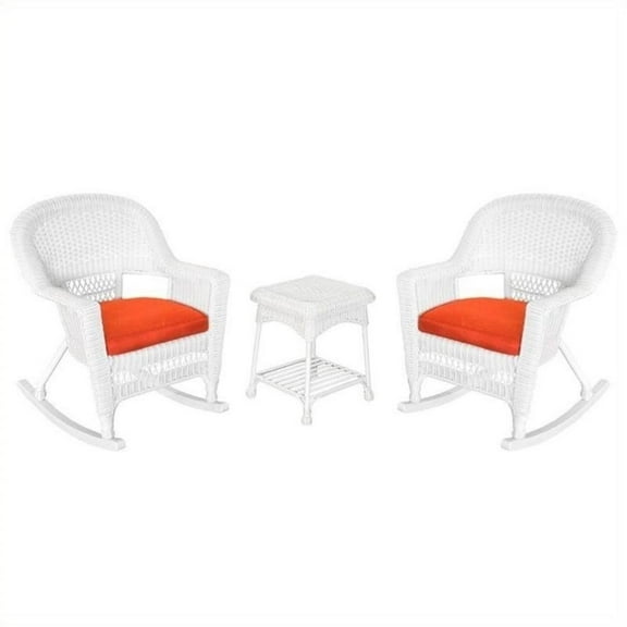 Afuera Living 3pc Rocker Wicker Chair Set in White with Red Cushion