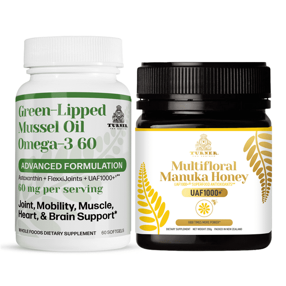 TURNER New Zealand OMEGA-3 Green Lipped Mussel Oil, 53x Higher potency for Superior Joint Comfort & Mobility, No Fishy Aftertaste, 1 Bottle, 60 Softgels plus 1 jar of Multifloral Manuka Honey UAF1000 