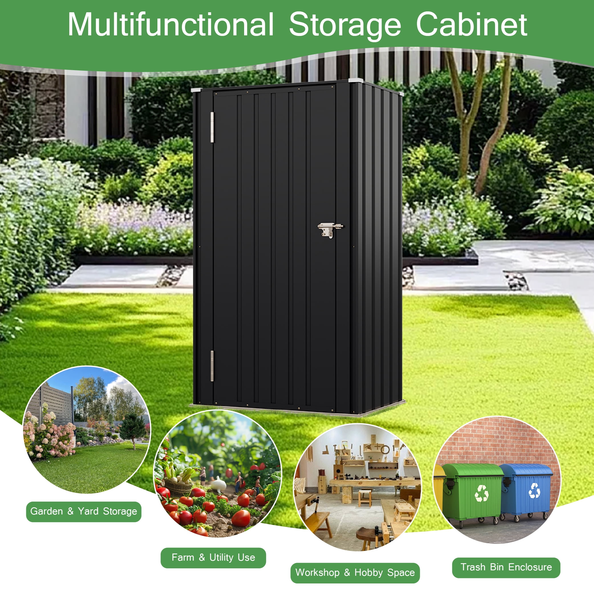 Patiowell, 21cu.ft Black Metal Storage Shed - Lockable All-Weather Garden Shed for Tools/Trash Bins