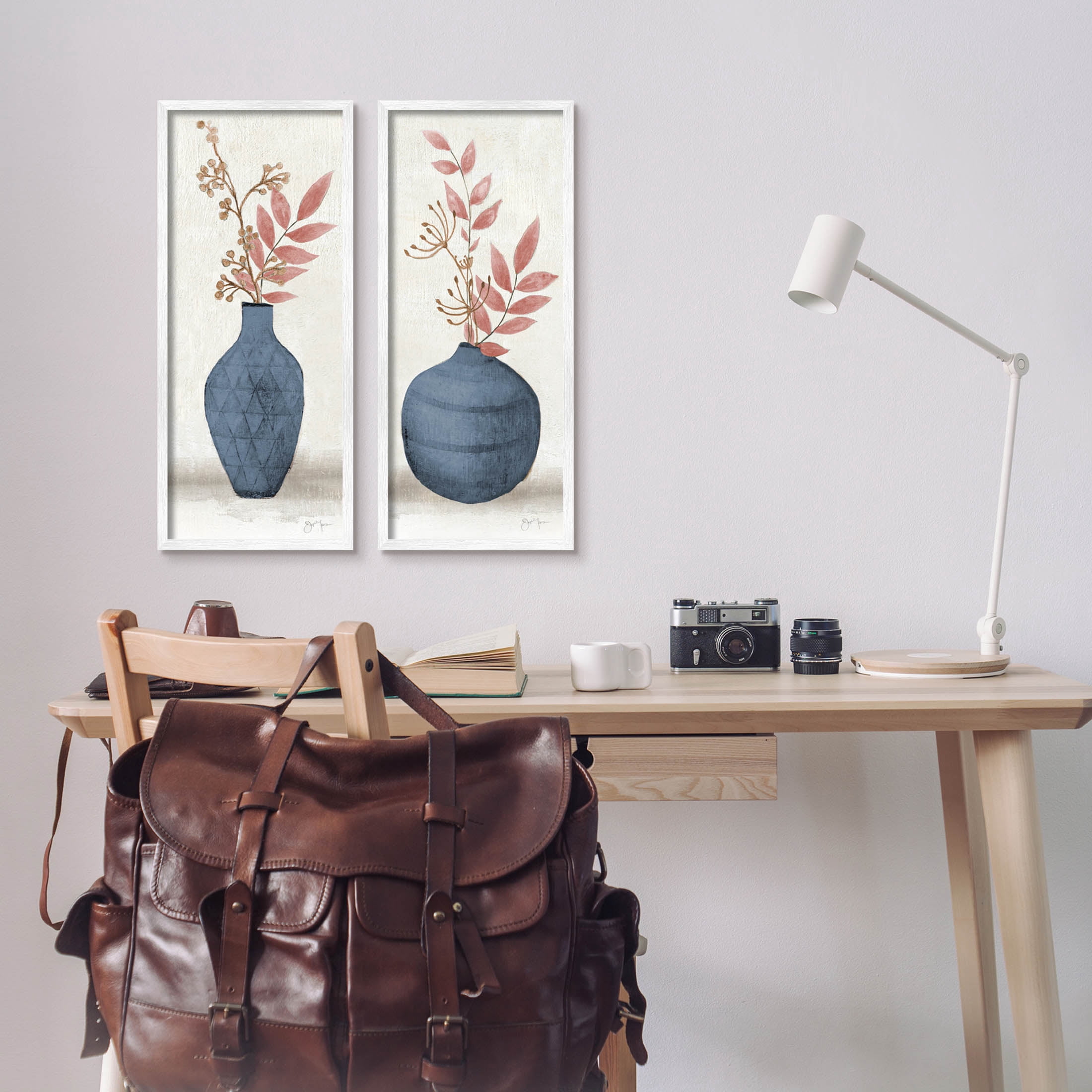 Ikebana Flower Vases Arrangement Botanical & Floral Graphic Art White Framed Art Print Wall Art, Set of 2