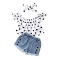 thumbnail image 2 of ITSAME Girls Outfit 3-Piece, Heart Print Ruffle Sleeve Pullover Top and Denim Shorts with Heart Print Headscarf Summer Stylish Casual Sets Black 4-5T, 2 of 8