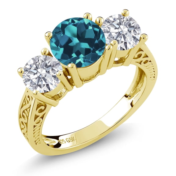 Gem Stone King 18K Yellow Gold Plated Silver London Blue Topaz and Lab Grown Diamond Engagement Ring for Women | 2.70 Cttw | Round 7MM | Gemstone November Birthstone | Size 7