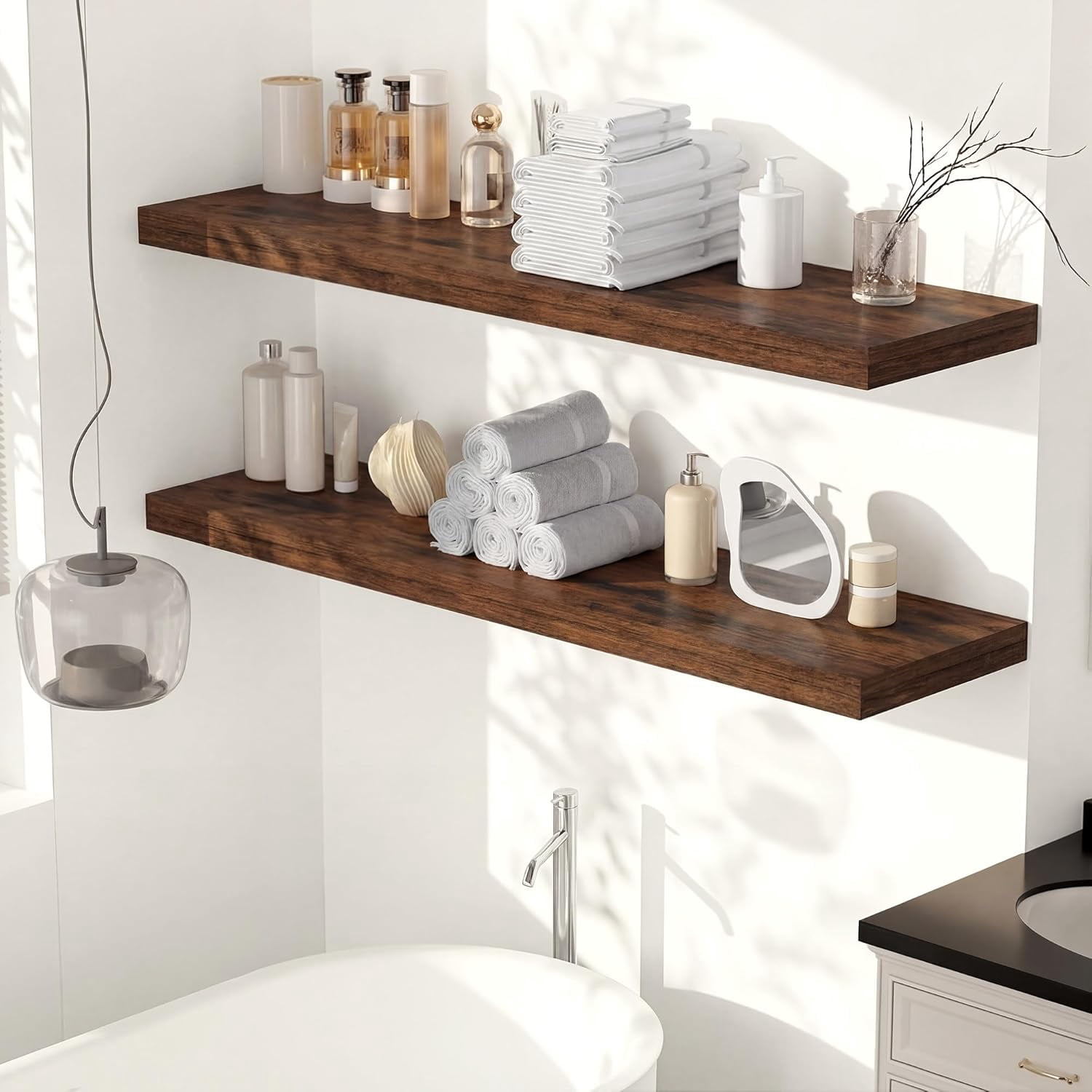 12" Deep Floating Shelves, 36 x 12 Inch Wall Mounted Long Floating Shelf with Invisible Brackets, for Home Decor, Bedroom, Kitchen, Living Room, Bathroom - 1 Pack, Rustic Brown