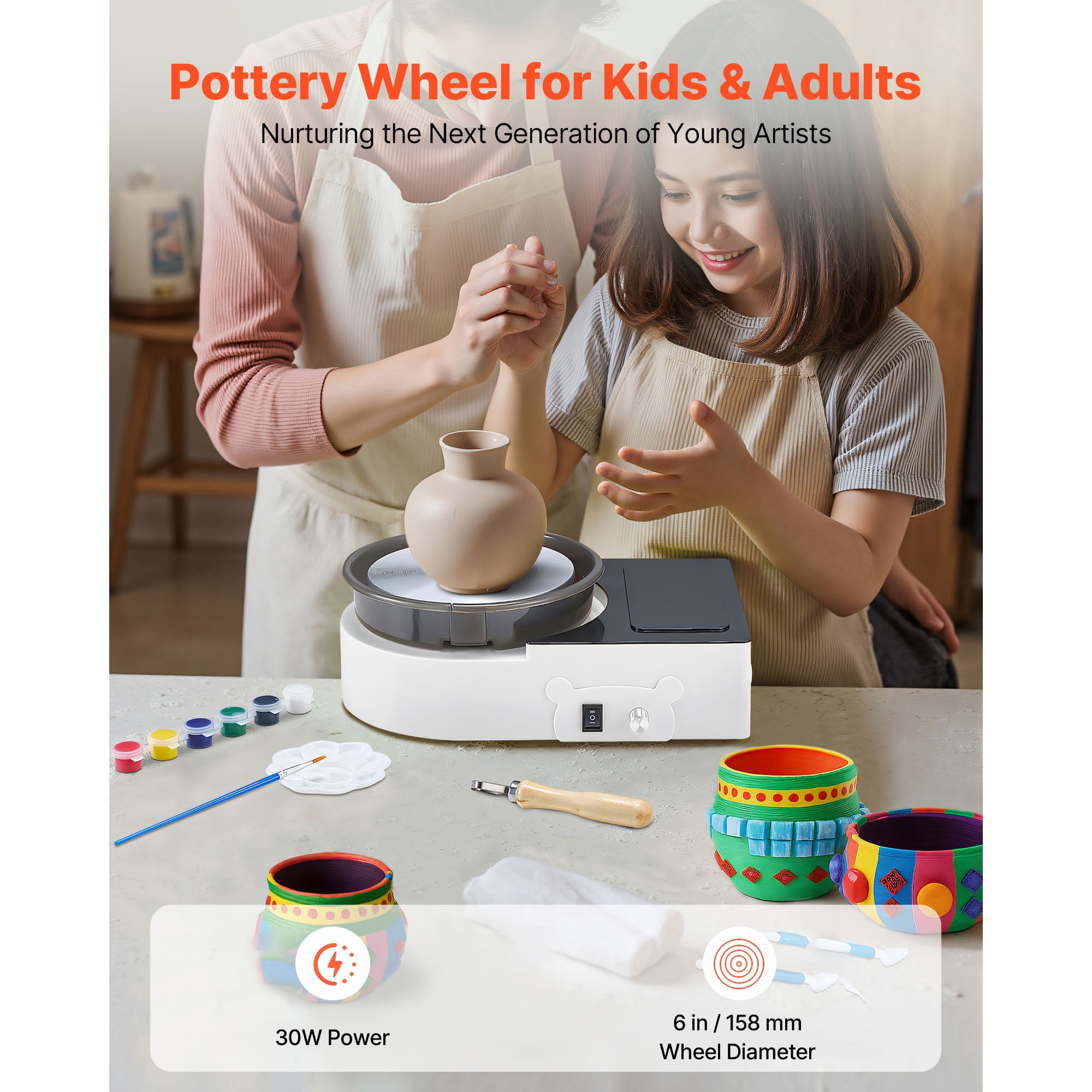 KFFKFF Mini Pottery Wheel, 6-Inch Turntable, Adjustable Speed, Forward & Reverse Rotation, Electric Clay Wheel for Adults and Kids, Includes Clay Shaping Tools, Ideal for DIY Projects and Pottery Cla