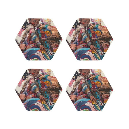 

Lukts Fantasy Colorful Beast Print Leather Drinks Coasters Set of 4 Suitable or Drinks Furniture Protection and Easy Clean up-Hexagon