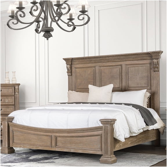 Weathered Oak Queen Bed Frame with Carved Solid Wood Headboard, Rustic Vintage Style Panel Design for Bedroom