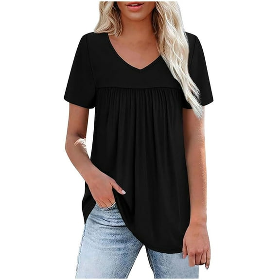 Womens Tops Under $10 Womens T Shirts Short Sleeve Pleated Dressy Casual V Neck Summer Tops Blouses