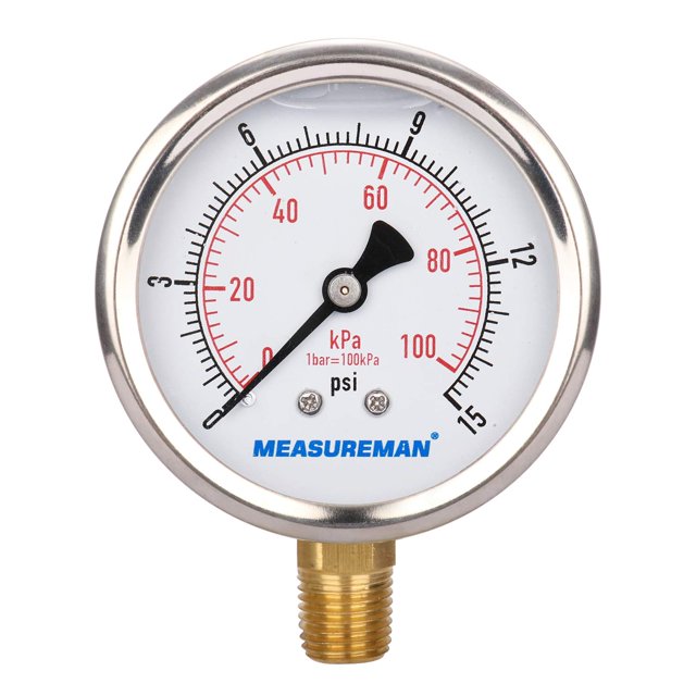 MEASUREMAN-medidor de presión lleno de glicerina, tamaño de esfera de 2-1/2 pulgadas, 0-15psi/100kpa, caja de acero inoxidable 304, montaje inferior NPT de 1/4 pulgadas