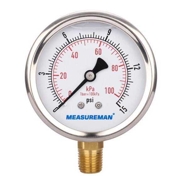 MEASUREMAN-medidor de presión lleno de glicerina, tamaño de esfera de 2-1/2 pulgadas, 0-15psi/100kpa, caja de acero inoxidable 304, montaje inferior NPT de 1/4 pulgadas