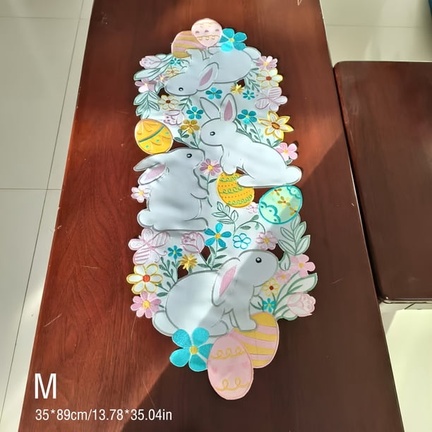 Camino de mesa de conejo de Pascua con huevos y flores bordados | Mantel decorativo de poliéster blanco de 218 cm para cenas y fiestas navideñas