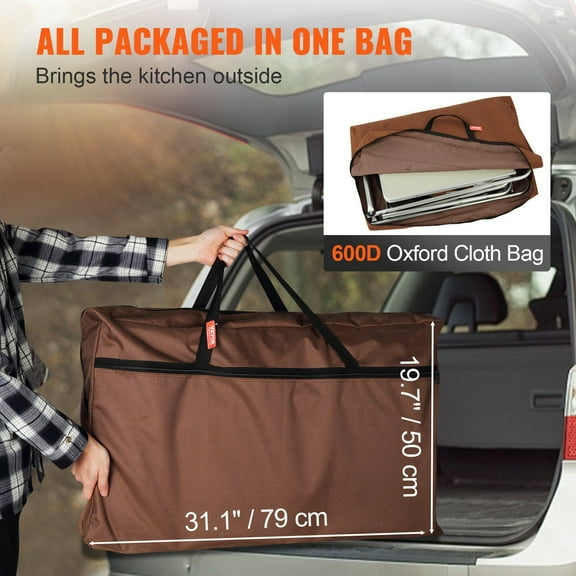 Folding Camping Kitchen Table with Storage, Aluminum Outdoor Cooking Station & Detachable Windscreen, Quick Setup for RV Travel, Picnics, BBQ - Includes Carrying Case, Brown