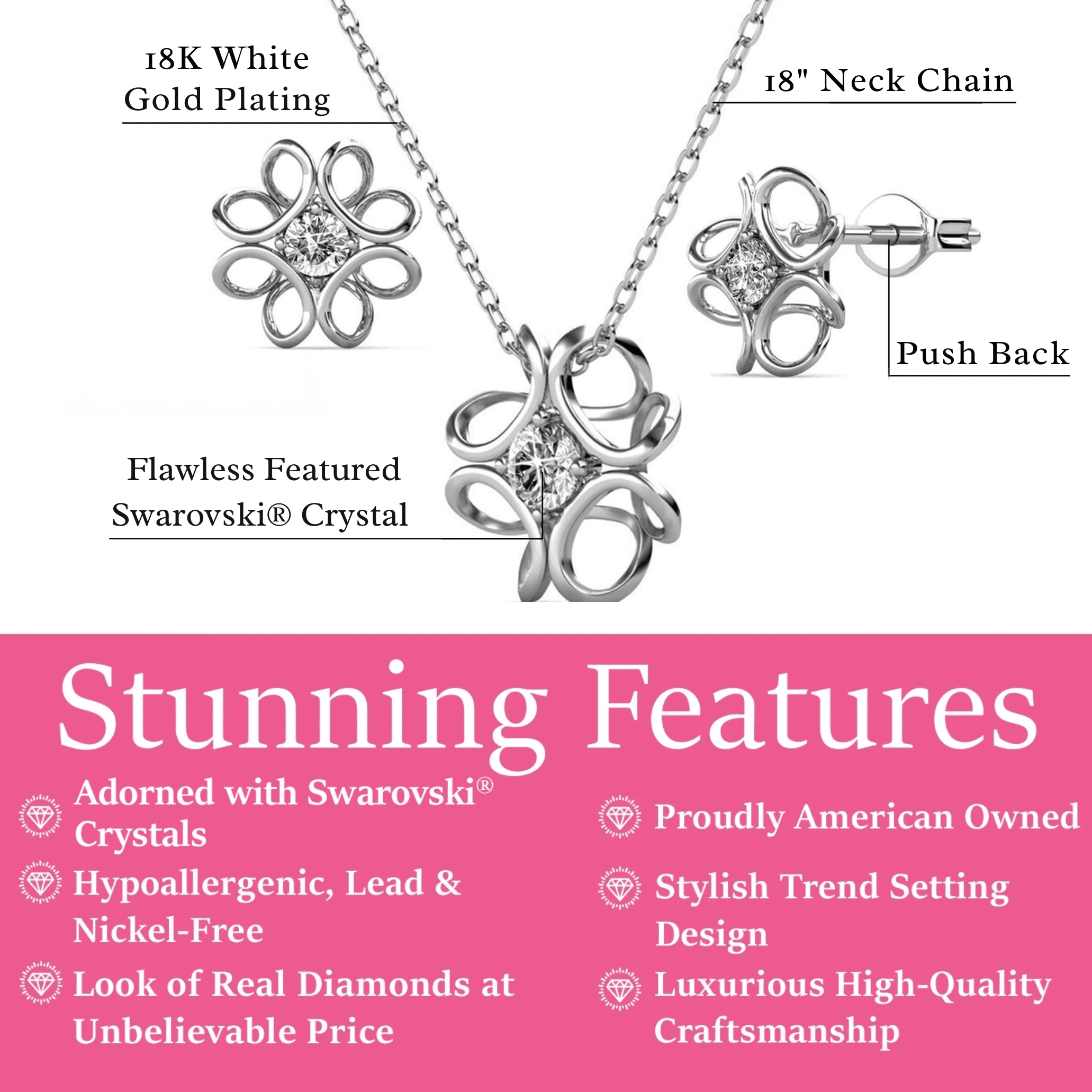 Cate & Chloe Alexis 18k White Gold Plated Flower Jewelry Set with Swarovski Crystals Gift for Women