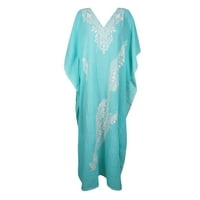 Mogul Women Blue Kaftan Maxi Dress Floral Hand Embroidered Casual House Dress Resort Style 2XL