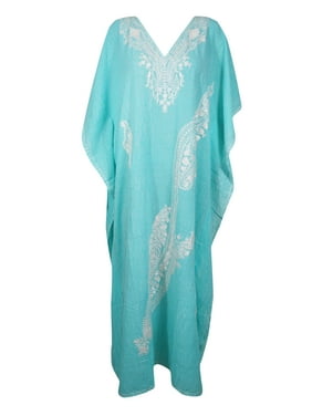Mogul Women Blue Kaftan Maxi Dress Floral Hand Embroidered Casual House Dress Resort Style 2XL