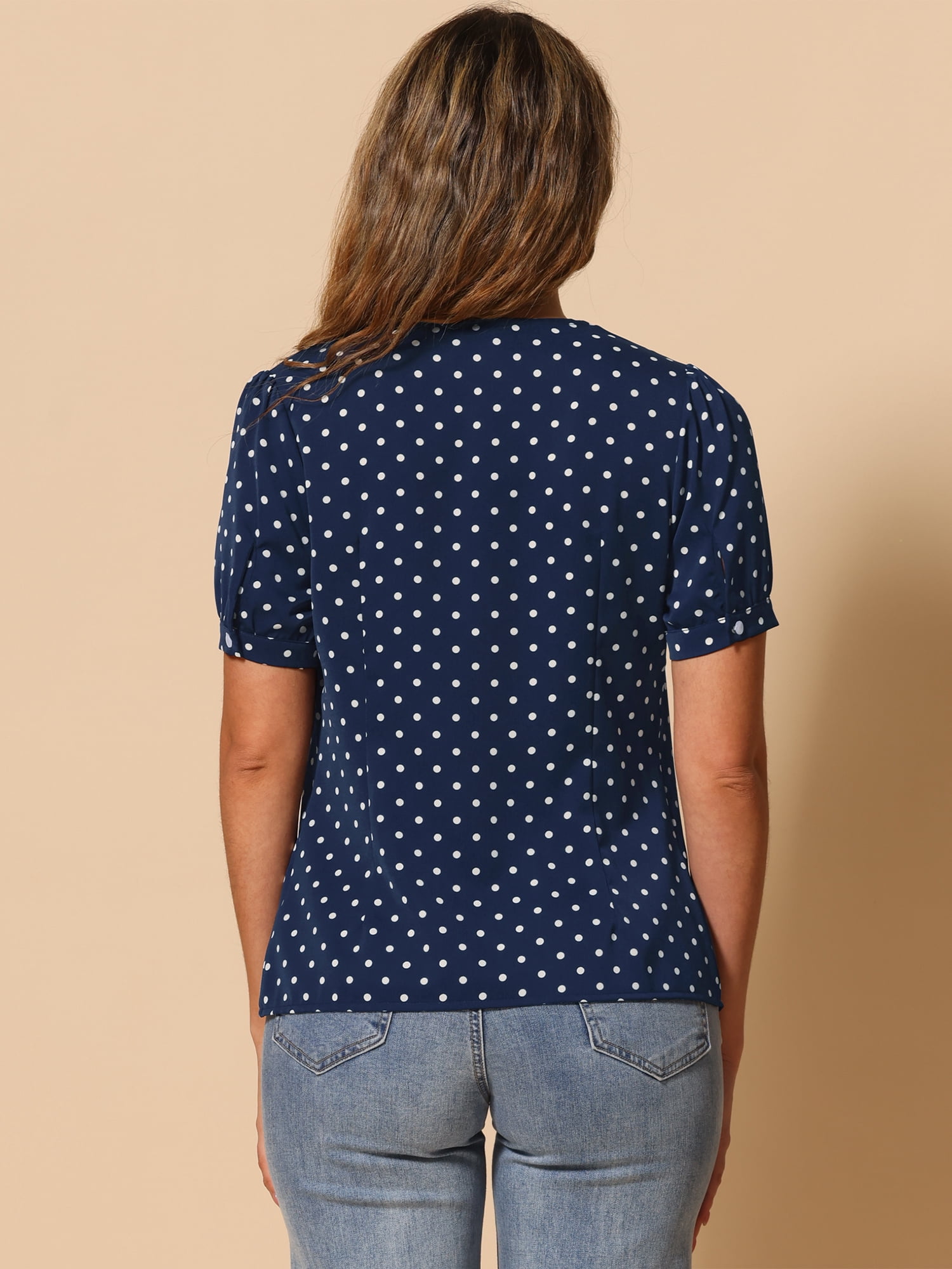 DARING DIVA Women's Polka Dots Peter Pan Collar Puff Sleeve Shirt Top S Dark Blue