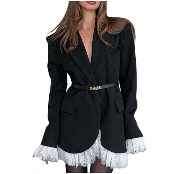 DAFPZW Blazers for Women Business Casual Button Down Blazer Solid Color Long Sleeve Lace Trim Blazers Fall Fashion Outfits