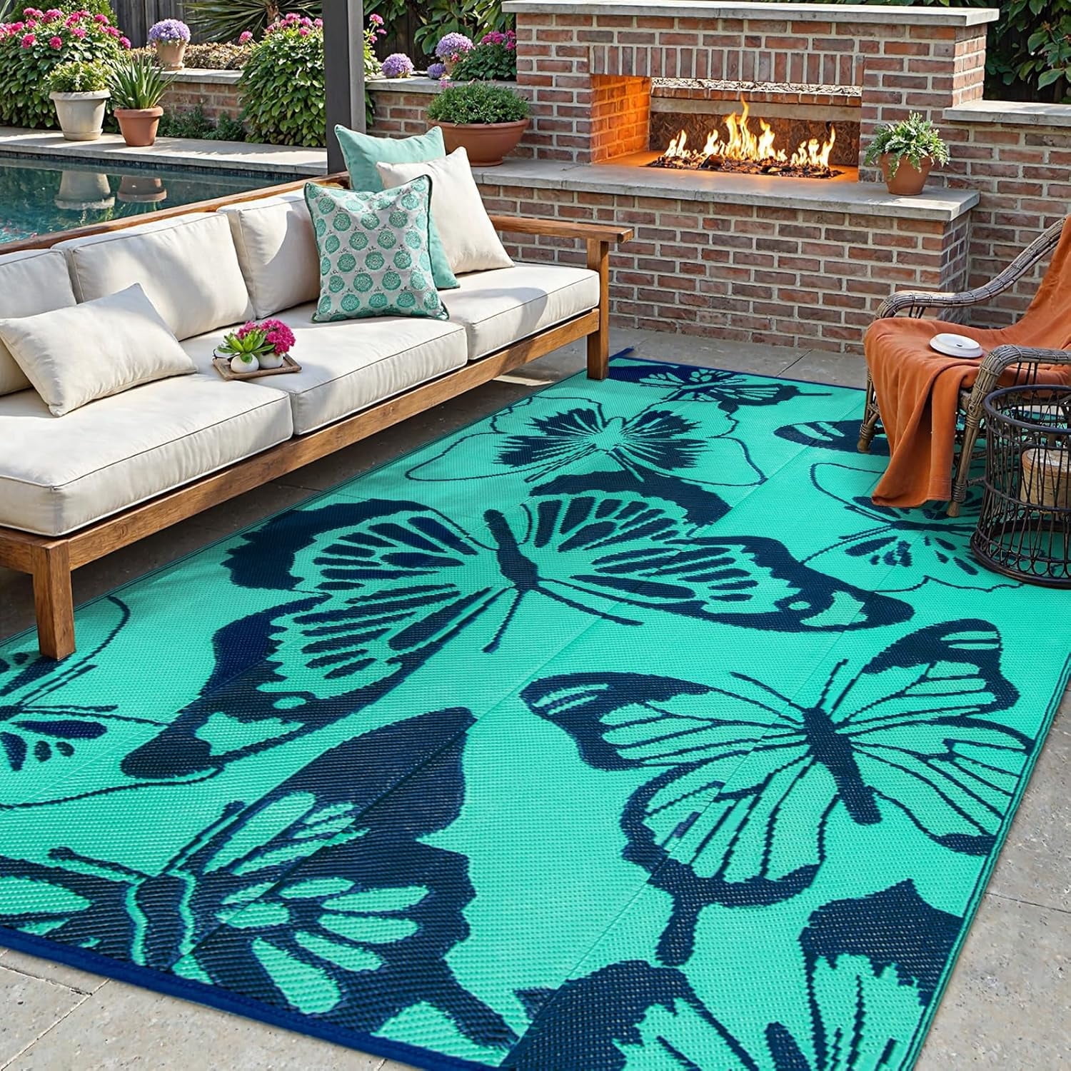 Wonnitar 6x9 Butterfly Outdoor Rug Waterproof, Washable Rugs for Outside, Plastic Foldable Teal Indoor Outdoor Carpet for Patio Balcony