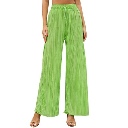 Womens Pants High Waisted Pants Pleated Lace Up Smooth Elastic Waist Loose Pants Sweatpants Women Green S