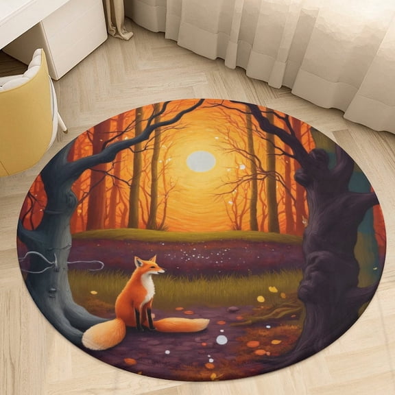 Fox in Autumn Forest Round Area Rugs for Bedroom Living Room, 3FT Soft Indoor Circle Carpets, Carpet Home Decor Floor Mat