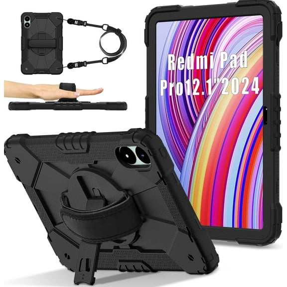 SOATUTO Case for Xiaomi Redmi Pad Pro 12.1"/Xiaomi Poco Pad 12.1", Shockproof Protective Tablet Case with Kickstand/Hand Strap/Rotating Stand/Shoulder Strap (Black/Black)