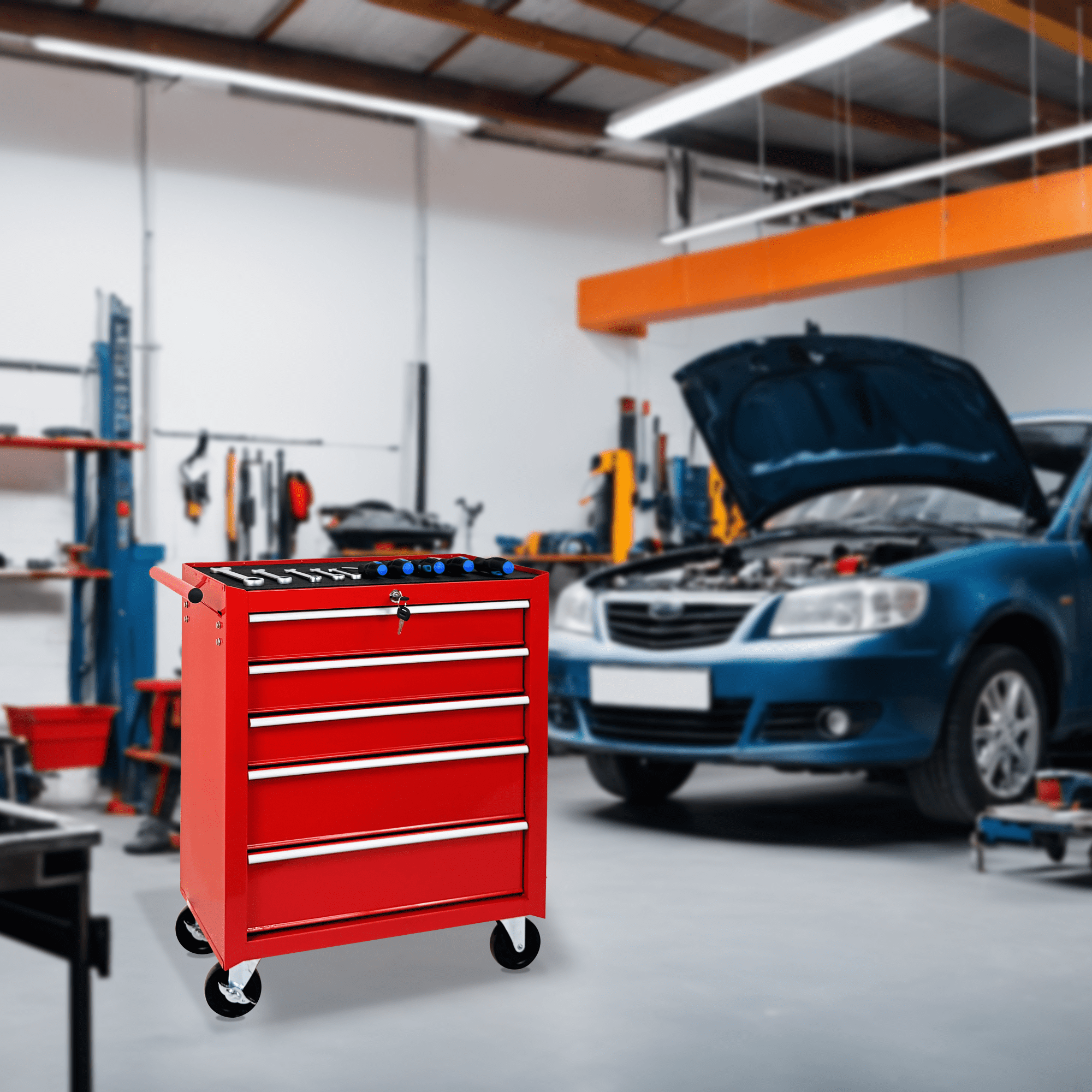 5-Drawer Rolling Tool Chest w/Lock & Key, Tool Storage Cabinet with Wheels, Top Cushion & Drawer Liners, Tool Organizer Box for Garage, Warehouse,RED