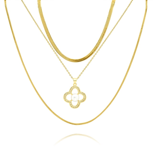 JeenMata Juego de Collar con 3 Colgantes Florales en Capas Chapados en Oro Amarillo