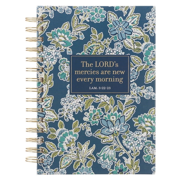 Christian Art Gifts Inspirational Journal, The Lord's Mercies Are New Every Morning Wide Ruled Notebook, Lam. 3:22-23 Bible Verse, Navy Blue Florals, 192 Lined Pages w/scripture, (8.4” x 6.4” x 1”)