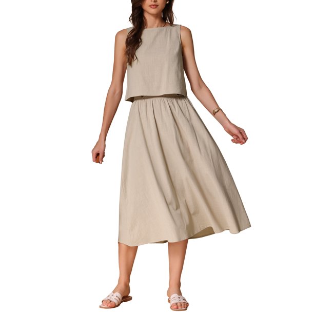 INSPIRAR CHIC Conjunto de Falda de 2 Piezas para Mujeres, Top Sin Mangas, Falda Midi A-Line de Cintura Alta, Ropa Casual de Verano, Caqui XS