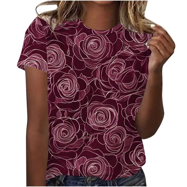 Tops de Ajuste Suelto para las Mujeres Retro Impreso Cuello Redondo Manga Corta, Camiseta de Poliéster Casual