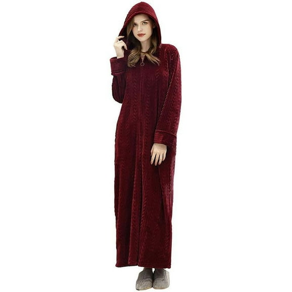 AMITOFO Long Hooded Robes for Women Soft Warm Fleece Zipper Bathrobe with Pockets and Jacquard Pattern