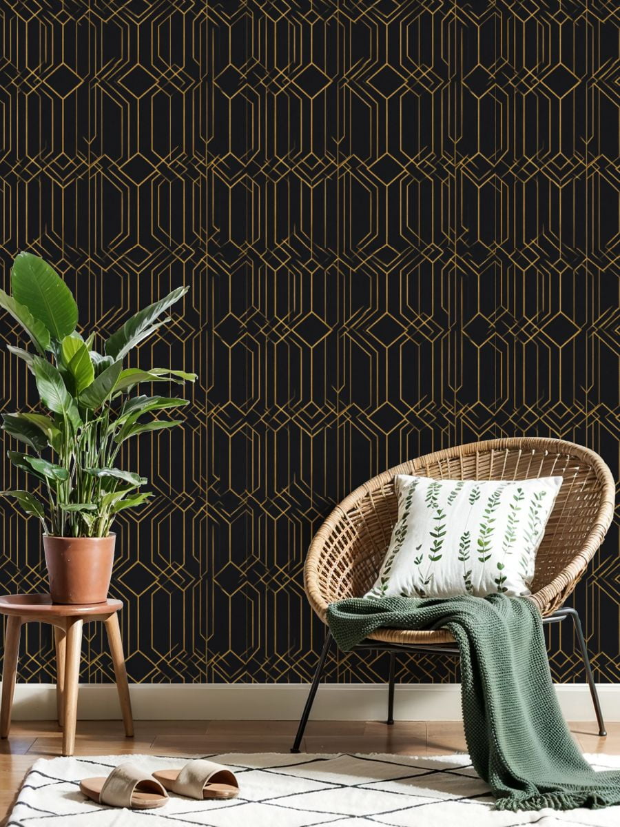 Modern Peel and Stick Wallpaper 23.6in x 9.8ft Geometric Art Deco Golden Lines Black Contact Paper Vinyl Waterproof Self Adhesive Wall Paper for Bedroom Shelf Cabinet Renter Friendly