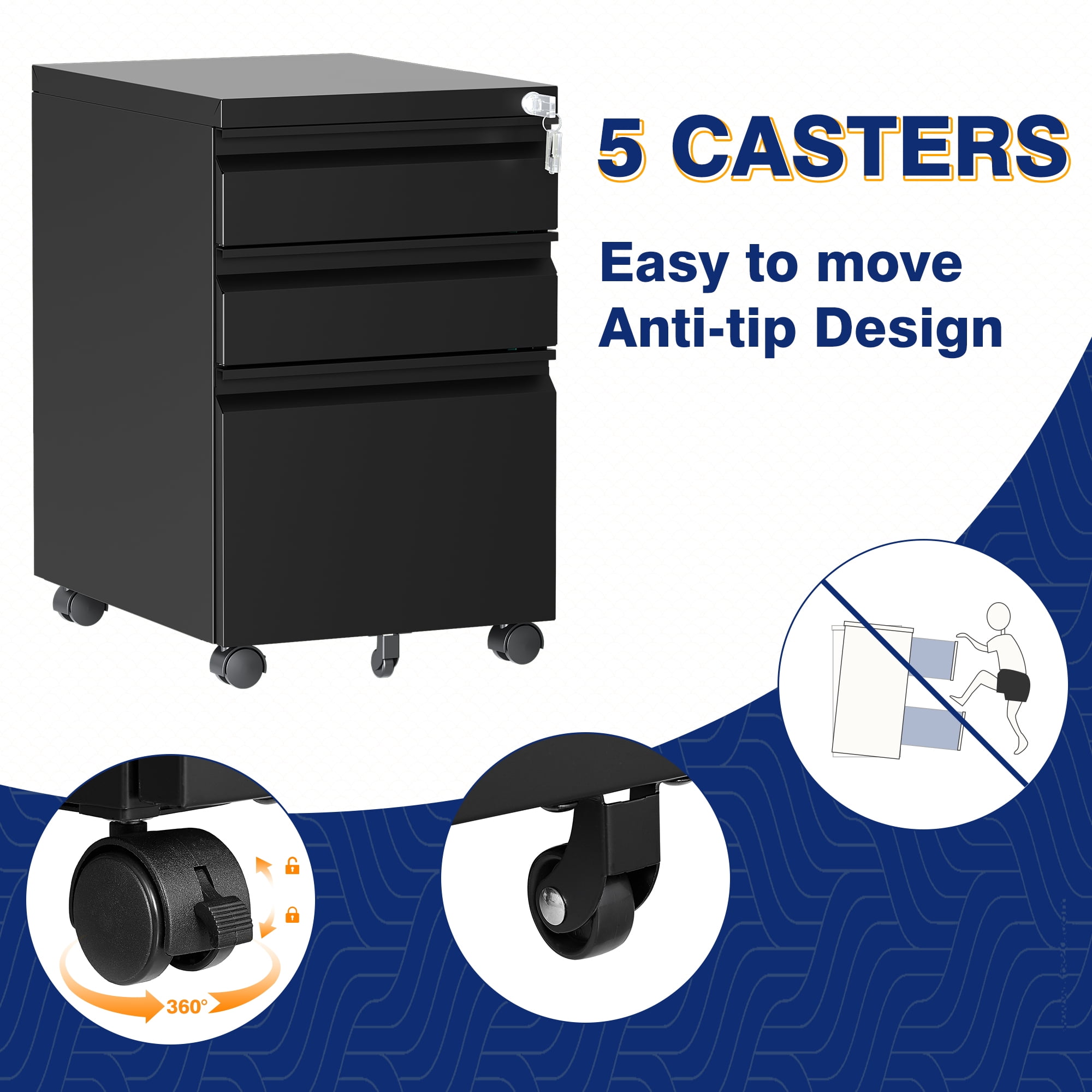 AUHUP 3 Drawer Mobile File Cabinet with Lock, Metal Filing Cabinet with Wheels for Legal/Letter/A4 File, Under Desk File Cabinets for Home Office,Black,Fully Assembled