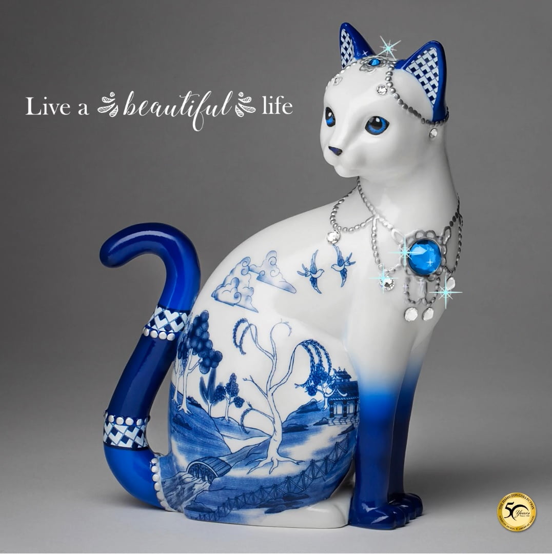 The Hamilton Collection Sparkling Blue Willow Cat Figurine by