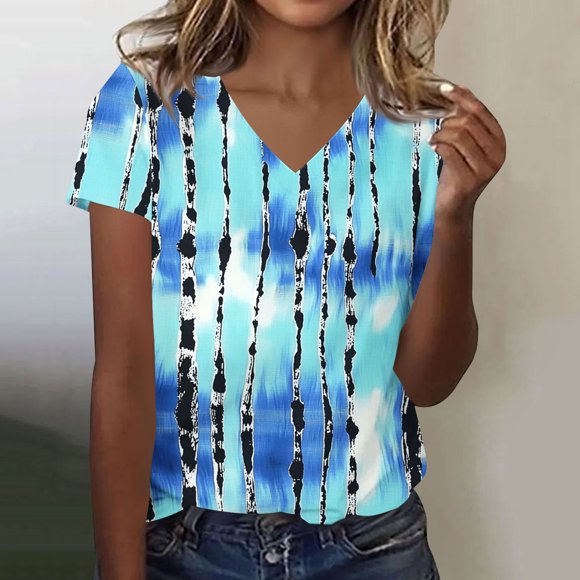 Haivin T Shirts for Women V Neck Casual Blouses Puff Short Sleeve Summer Tops Loose Fit