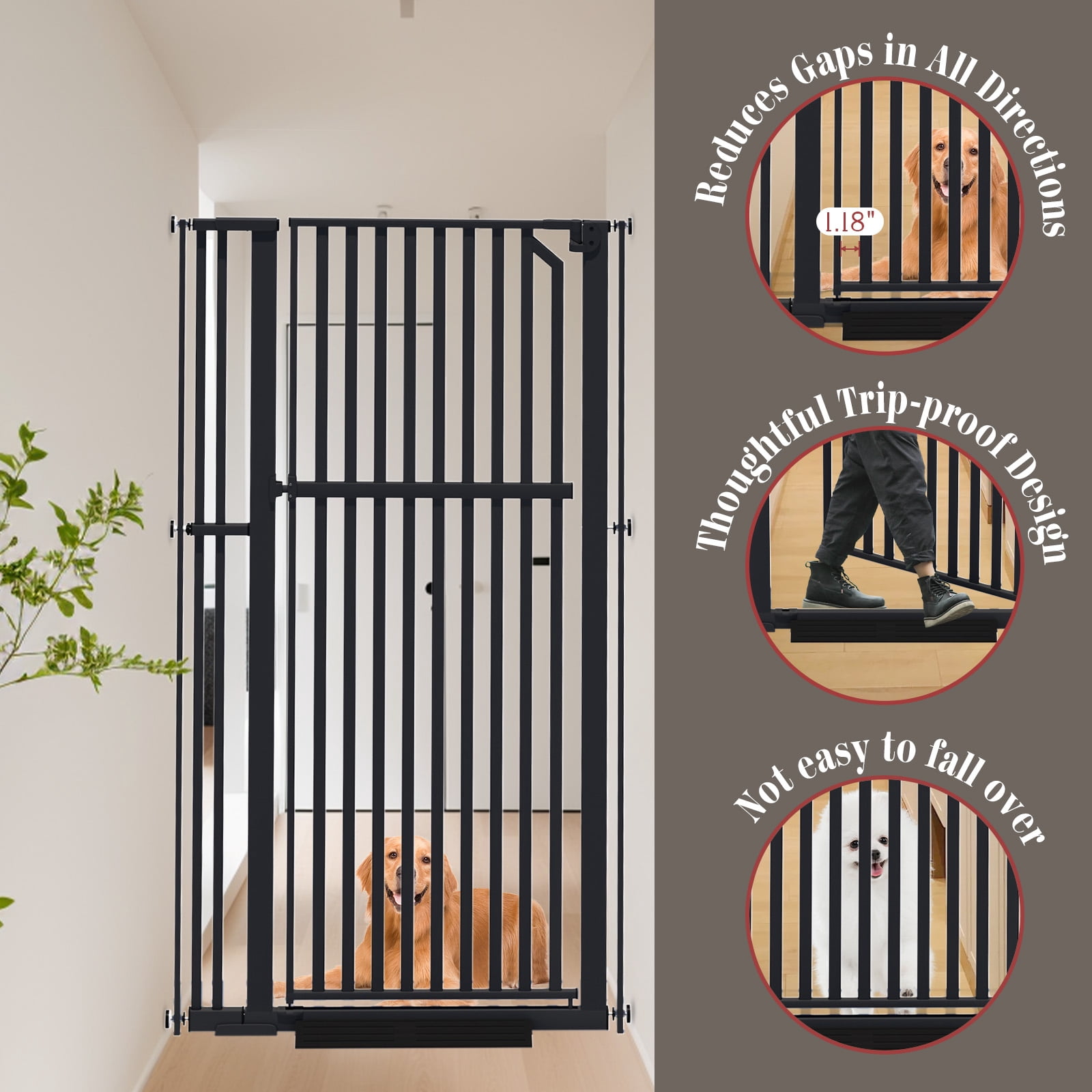 KORIMEFA 63" Extra Tall Baby Gate for Stairs 30"-37.8" Extra Wide Dog Gate for Doorways Hallways, Pressure Mounted Child Gate for Wide Opening, Auto Close Personal Safety for Babies and Pets, Black