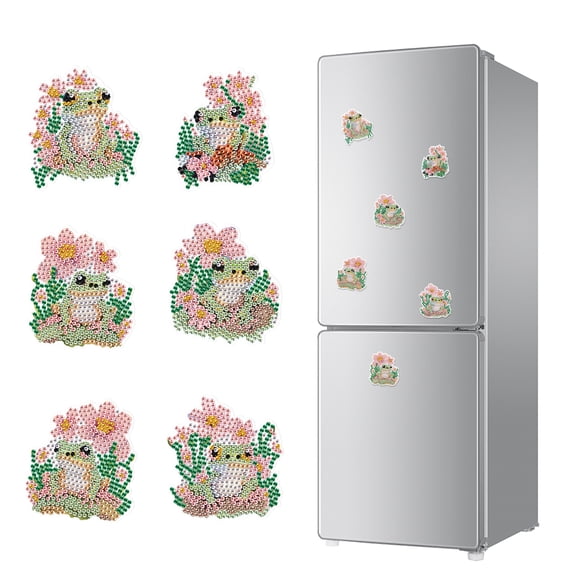 6pcs Diamond Painting Kit Fridge Magnets Flower & Frog DIY Glitter Magnetic Stickers Creative Handmade Fridge Decor Perfect for Kitchen Decor & Holiday Gifts