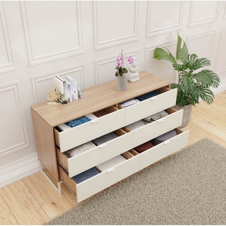 Kappesberg Collins 6-Drawer Dresser in Light Brown/Cream Wide Modern Storage Cabinet for Bedroom, Hallway, or Living Space - for Adults and Teens