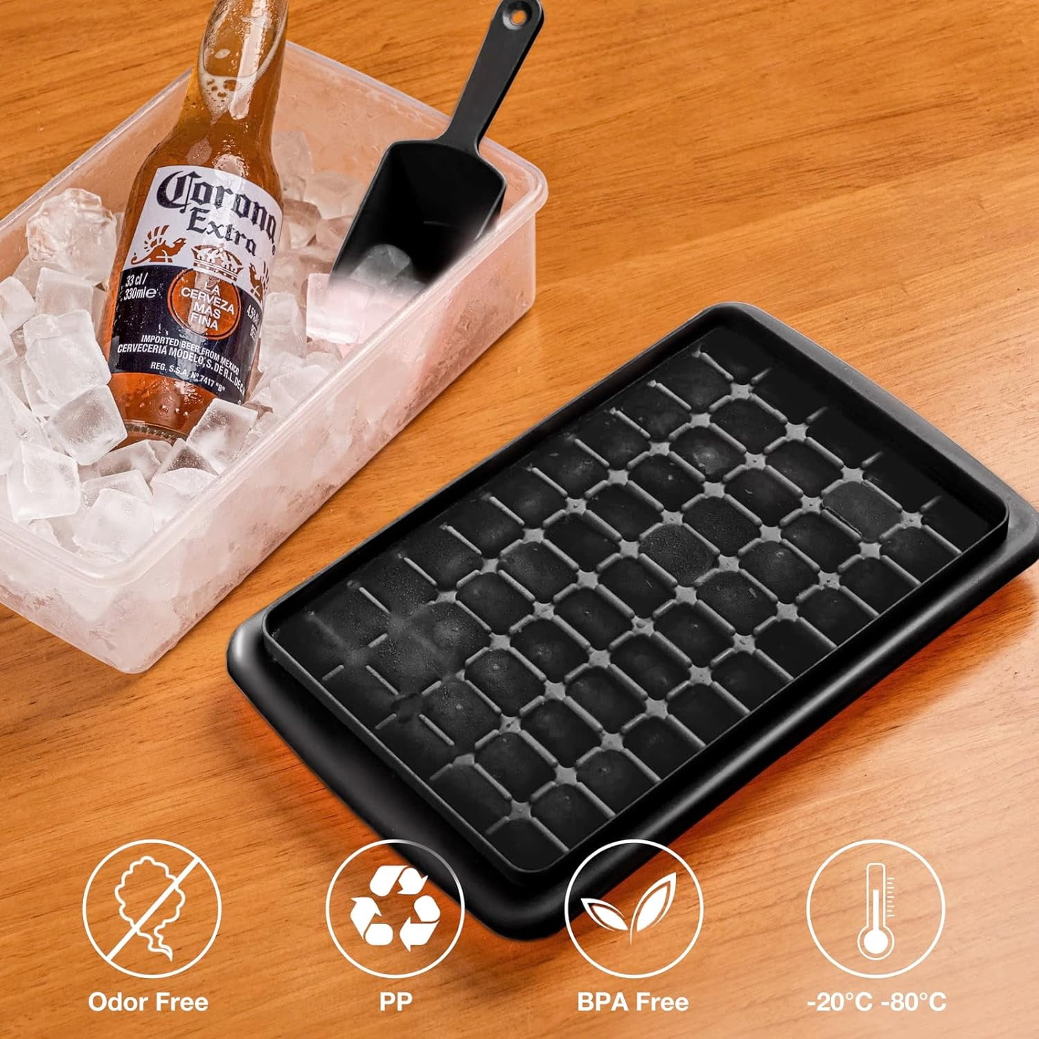Ice Cube Tray with Lid and Bin 55 - Ice Cube Molds for Freezer BPA Free Ice Container Comes with Scoop and Cover (Black-55) Ice Cube Molds & Trays