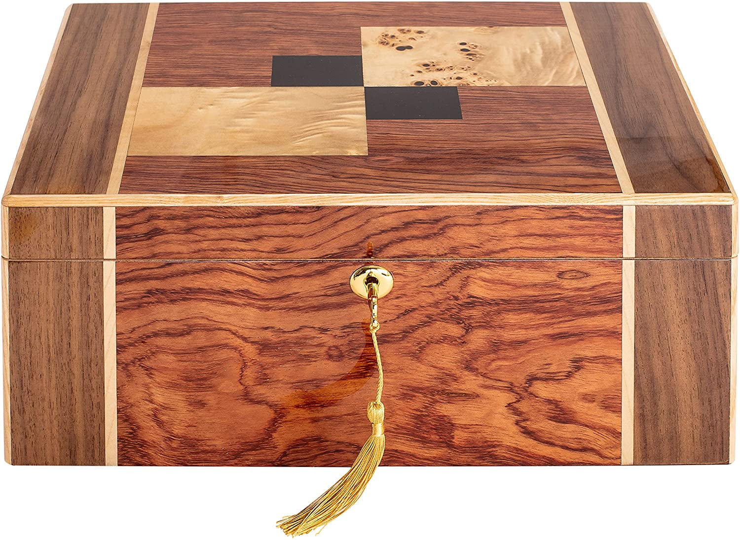 Humidor Supreme Amarone Desktop Cigar Humidor, High-Gloss Walnut, Mapa Burl Bubinga Wood