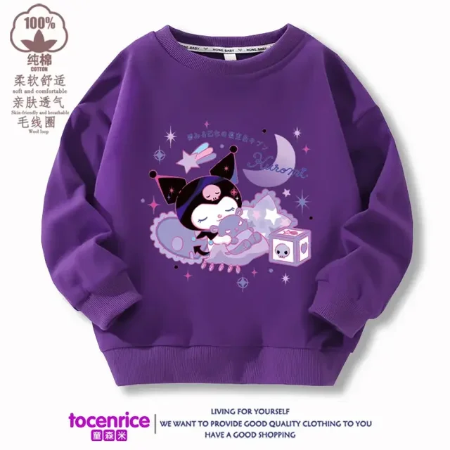 Suéter con estampado de dibujos animados para niños y niñas, jersey de moda Kawaii, cuello redondo, sudaderas con capucha sueltas, Sanrios, Cinnamoroll, Kuromi